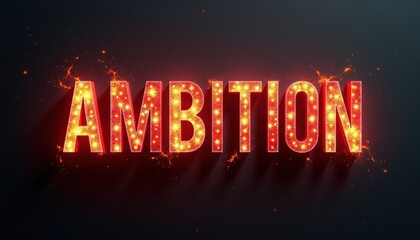 Wall Mural - Bright and fiery 'AMBITION' text on a dark background symbolizing passion and drive.