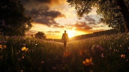 Man Walking Through a Meadow at Sunset with Vibrant Sky and Wildflowers in Bloom