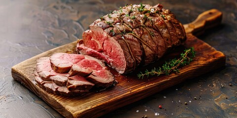 Sticker - Classic Commonwealth Sunday Roast with Sliced Cold Cuts Roast Beef Seasoned with Thyme and Salt on Wooden Cutting Board