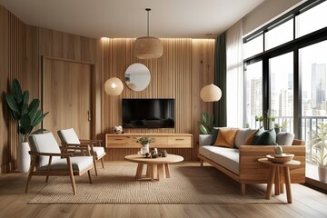 Wall Mural - Cozy Modern Room Interior Mockup with Natural Wooden Furniture 3D Render