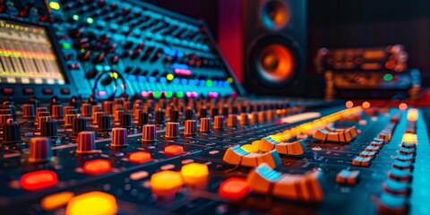 Close-up of an Audio Mixing Board with Knobs and Buttons