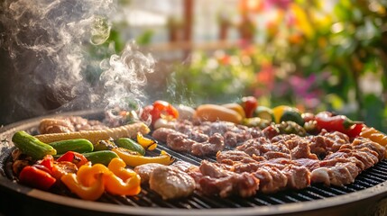 Wall Mural - Close-up of a grill with various meats and vegetables cooking over an open flame.