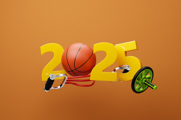 Canvas Print - Greeting Christmas card with inscription 2025 and basketball and sports equipment on orange  isolated background. Concept of new year and Christmas in sports sphere.