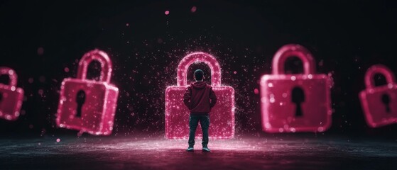 Person facing large glowing pink padlocks symbolizing cybersecurity data protection and digital security challenges