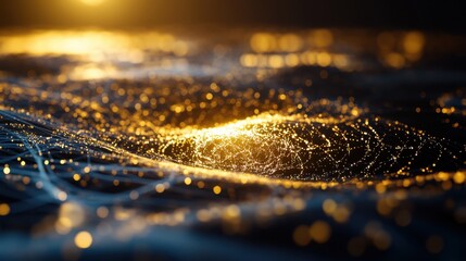 Wall Mural - Abstract Golden Light Patterns on Dark Background - Mesmerizing Digital Art with Glowing Particles