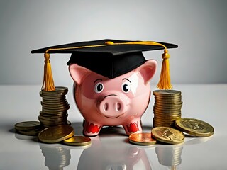 Wall Mural - Piggy bank with coins and black graduation cap as a symbol of education loan