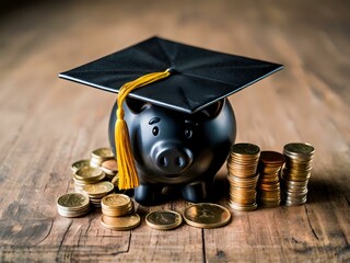 Piggy bank with coins and black graduation cap as a symbol of education loan