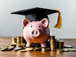 Wall Mural - Piggy bank with coins and black graduation cap as a symbol of education loan