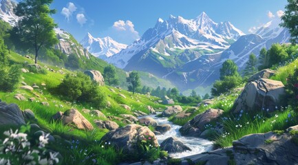 A Serene Mountain Stream Flowing Through A Lush Meadow