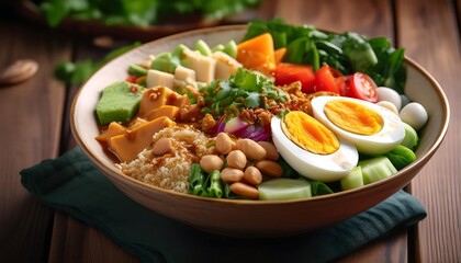 Wall Mural - Delicious and Healthy Salad Bowl with Avocado  Tofu  Eggs  and Vegetables