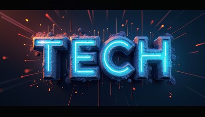 Wall Mural - futuristic tech-themed 3d typography with glowing blue neon lights and dynamic lighting effects.