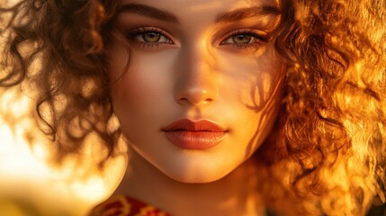 Wall Mural - Stunning Close-Up Portrait of a Young Woman with Curly Hair in Golden Sunlight