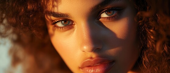 Wall Mural - Close-Up Portrait of a Woman with Curly Hair and Intense Eyes in Warm Sunlight