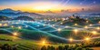 © nittiya - Futuristic digital glowing waves and network in rural landscape, futuristic, digital, glowing, waves, network