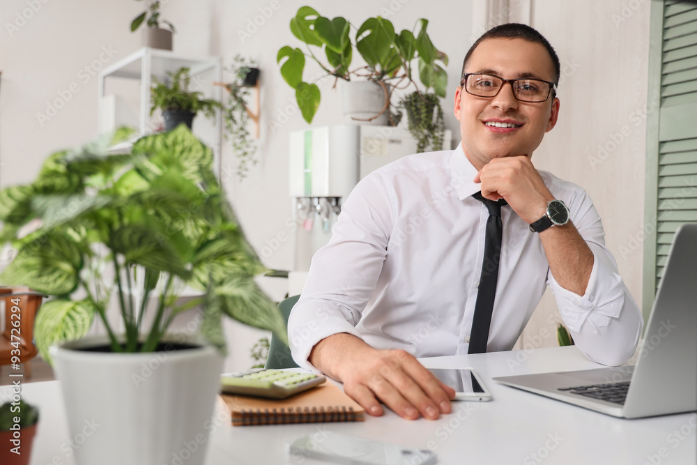 Handsome businessman sitting at desk in office