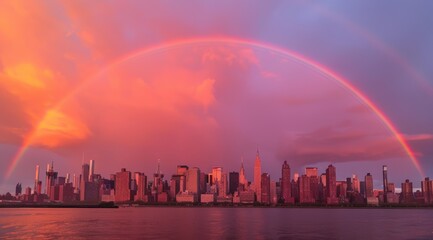 Wall Mural - Rainbow Arcing Over City Skyline at Sunset