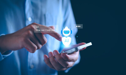 Wall Mural - ai chat bot technology concept, business man using technology smart robot ai intelligence, command p