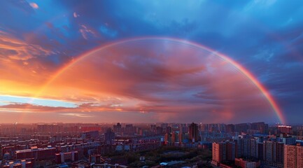 Wall Mural - A Rainbow Arcs Over a Cityscape at Sunset