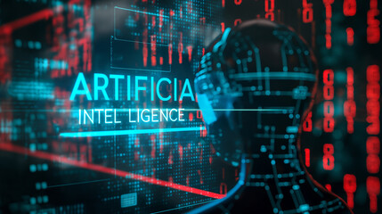 Wall Mural - word artificial intelligence augmented reality hologram display with binary codes in background, fut