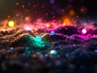 Wall Mural - Vibrant Abstract Background with Colorful Glowing Particles and Sparkling Lights in Dark Atmosphere