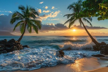 Wall Mural - Palm Trees Framing a Sunset Over a Foamy Ocean Shoreline