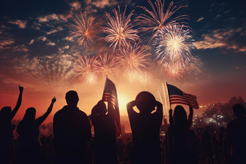 Enthusiastic crowd celebrating with fireworks in the background during a patriotic event at dusk