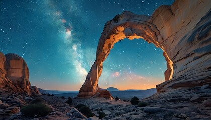 The magnificent natural arch shines under the bright stars, and the Milky Way shines brightly.