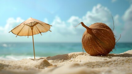 Poster - Tropical beach concept made of coconut fruit and sun umbrella. Creative minimal summer idea.