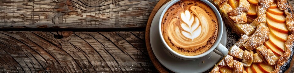 Poster - Close-up of cappuccino alongside a homemade apple and orange pie on a wooden table with ample empty space.