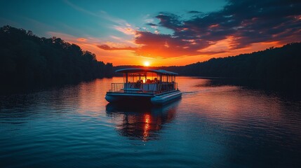 Sunset Tranquility. Pontoon Boat on a Serene Lake