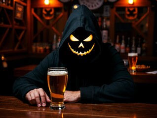 Wall Mural - Man wearing a creepy jack o lantern mask, sitting on a bar drinking beer. Spooky halloween at the pub