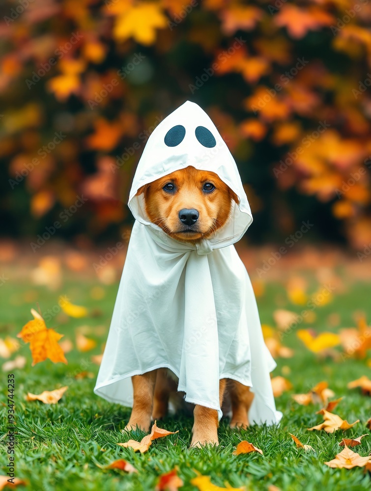 Cute dog wearing a ghost costume standing outside surrounded by autumn ...