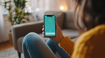 Woman using smartphone with app interface