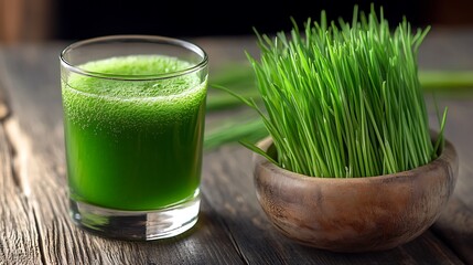 Wheatgrass juice and fresh wheatgrass in a wooden bowl, presenting a healthy and rustic beverage option.