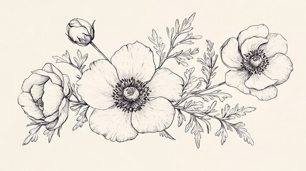 Poster - Hand Drawn Black and White Floral Bouquet Illustration