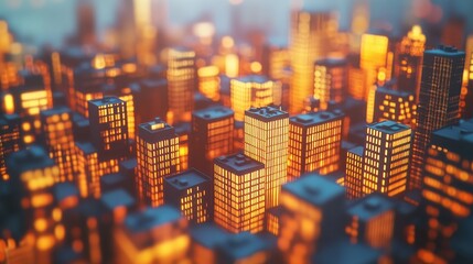 Poster - Futuristic 3D Cityscape with Illuminated 2D Windows in Random Patterns