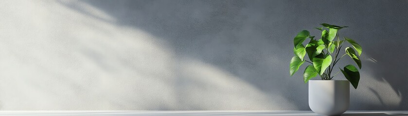 Single potted plant on a white surface against a minimalist gray wall sharp focus and soft shadows creating a clean and modern aesthetic