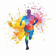 An artistic illustration of a runner, painted in a vibrant watercolor style with energetic splashes of color that convey movement and excitement on a white background.