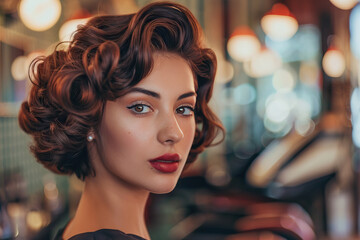 Woman with brown hair in a fashion portrait wears lipstick and eye makeup. Her confident expression highlights her makeover and stylish appearance.