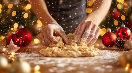 A close-up of hands kneading dough with Christmas decorations in the background