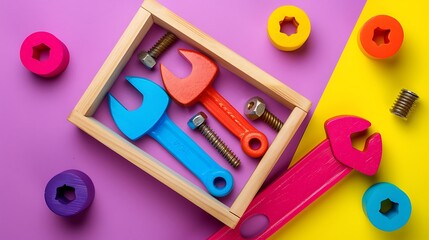 Wall Mural - Colorful wooden tool toy set with case and nuts and bolts isolated on purple and pink background