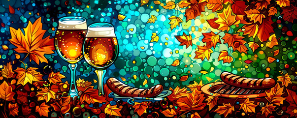 A colorful autumn scene with two wine glasses, a plate of hot dogs, and a grill. Scene is festive and inviting, with the warm colors of the leaves and the food suggesting a cozy outdoor gathering