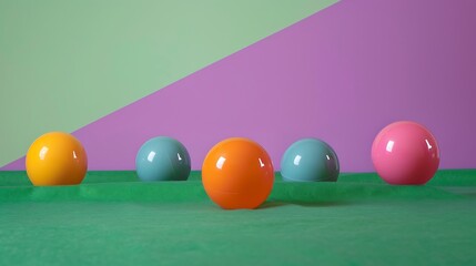 Wall Mural - Colourful plastic balls on green textile surface isolated on purple and pink background