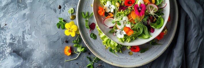 Poster - Colorful spring salad with fresh vegetables and edible flowers, viewed from above