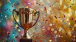 © Farid - close up golden trophy award with falling confetti. copy space for text. 3d rendering.