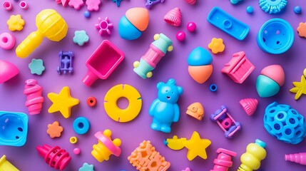 Wall Mural - composition with colorful plastic children toys isolated on purple and pink background