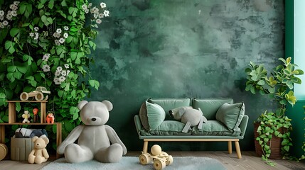 Wall Mural - Creative composition of stylish and cozy child room interior design with greeen wall plush toys furniture and accessories