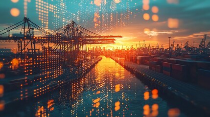 A cargo shipping container terminal at sunset with a digital overlay, representing the intersection of industry and technology.