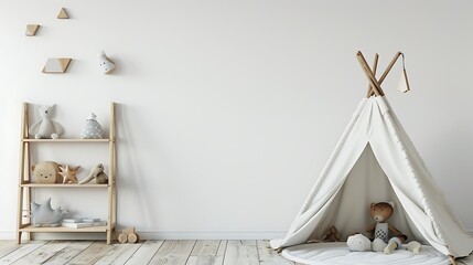 Wall Mural - Cute child room interior with furniture toys and wigwam shaped shelf on white wall