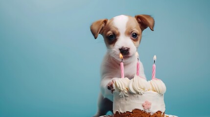 Cute puppy dog celebrating with a birthday cake with five pink birthday candles on blue background